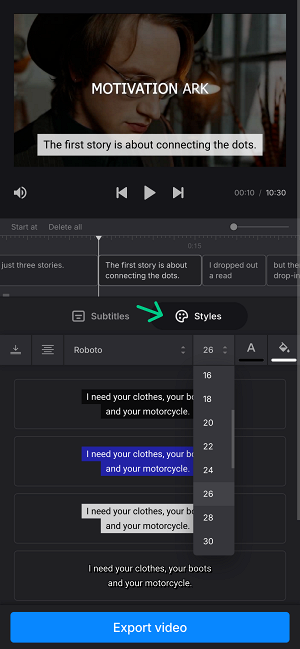 Change style for video transcription