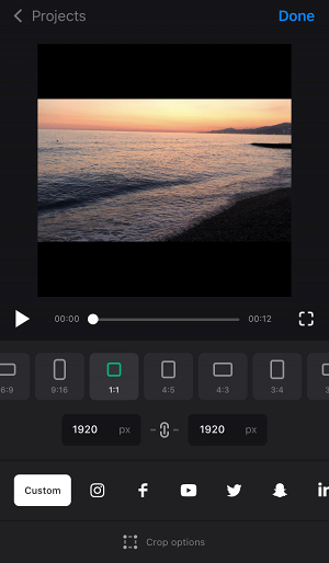 Click on Custom in Cropping Video App