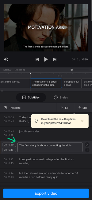 Edit video to text transcription