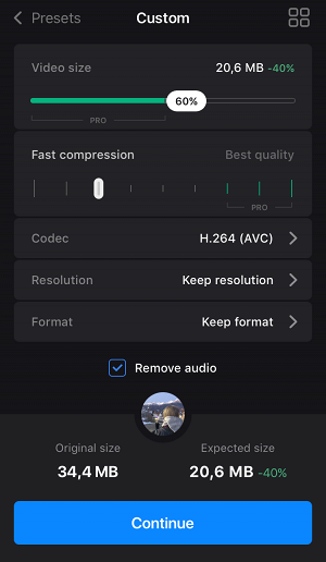 Choose Custom in compress video app