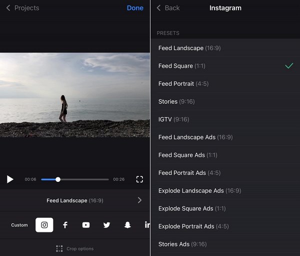 Choose Instagram preset in square video app