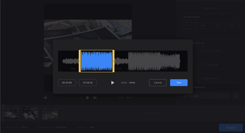 Upload music to convert image sequence to video Add music to create video from still images