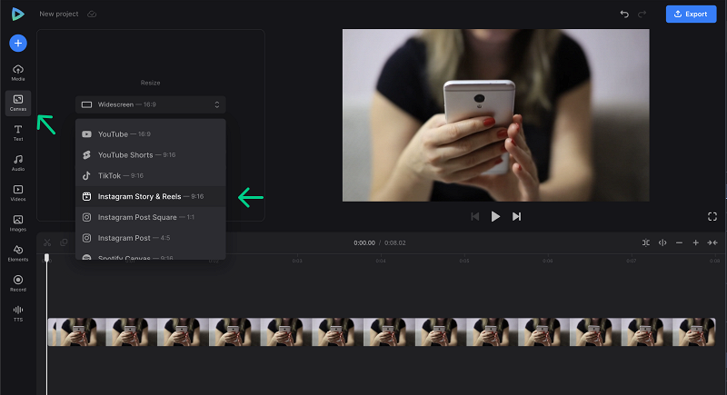 Change canvas to create reels video