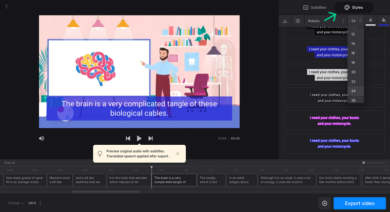 Change subtitles style in video translator