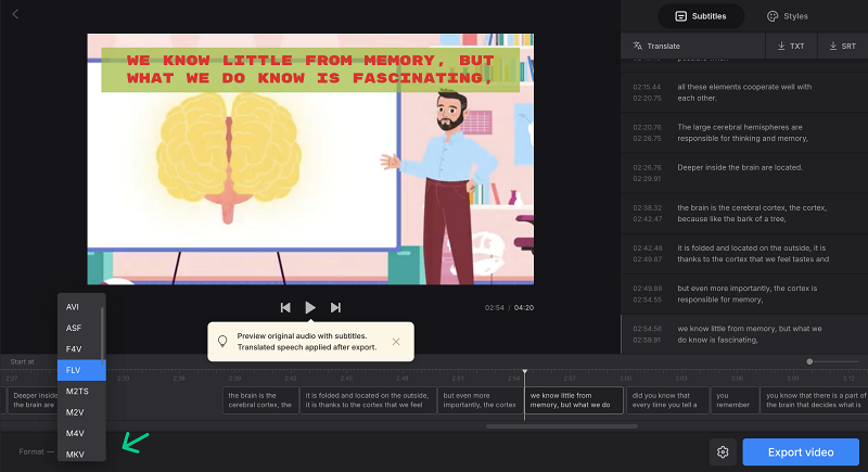 Change video translation format