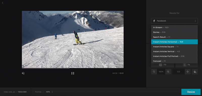 Choose a size for Facebook video