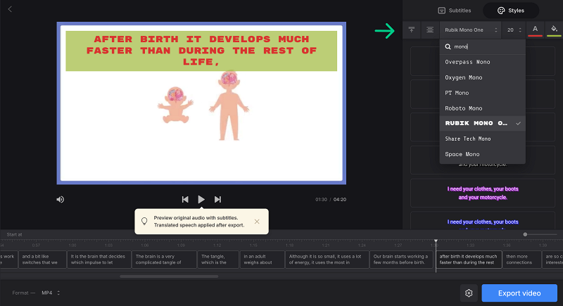 Customize video translation subtitles