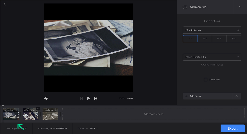 Rearrange assets to convert image sequence to video Drag assets to create video from still images