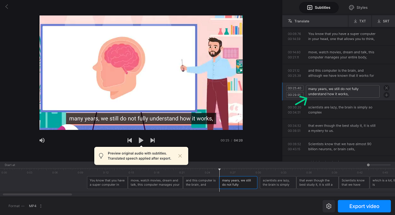 Edit English subtitles in video translator