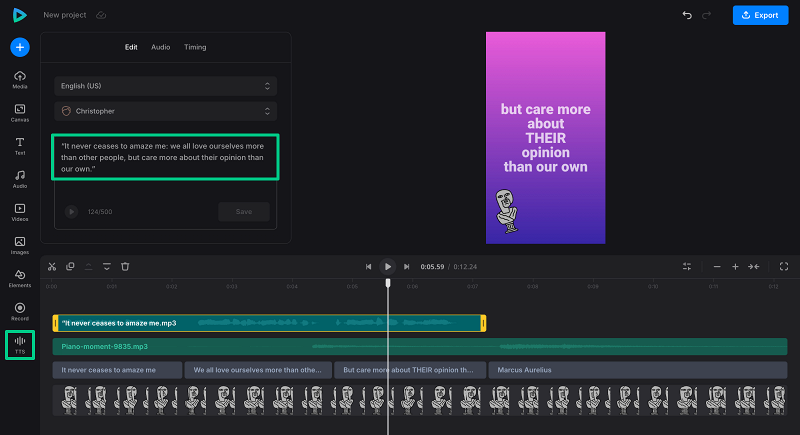 Convert written text to spoken audio in a video Generate speech for text video