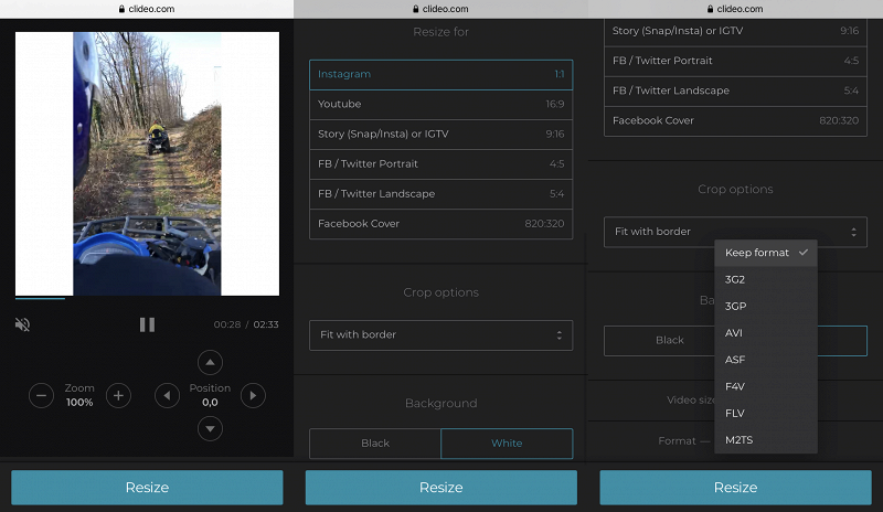 Resize video to fit Instagram by choosing 1:1 option