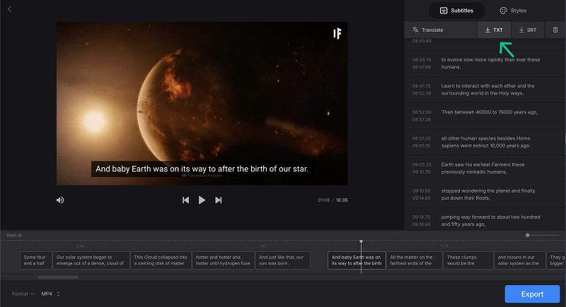Save video transcription as TXT