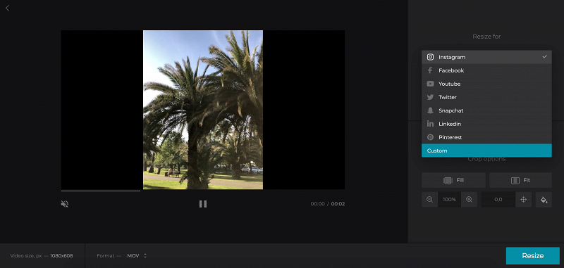 Choose Custom resize option for TikTok