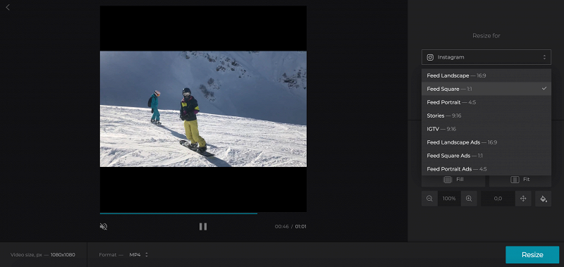 Choose preset to convert video to Instagram