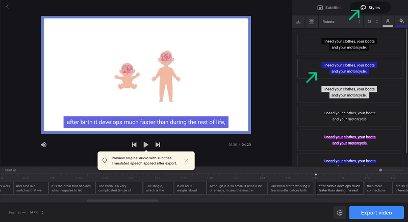 Select presets for video translation subtitles