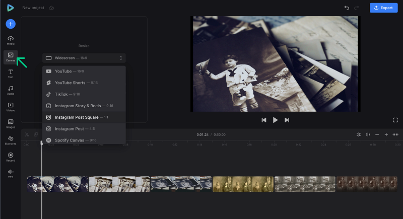 Change canvas to turn photos into video Set canvas for image to video sequence