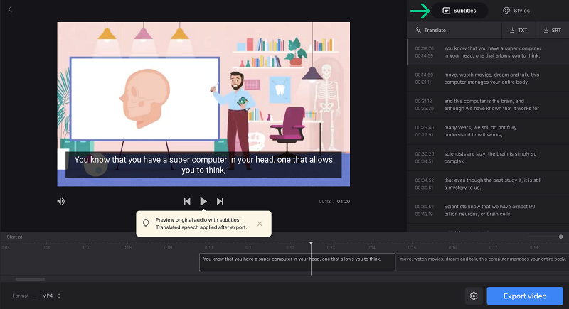 Edit and change style of translated text Translate video and change style