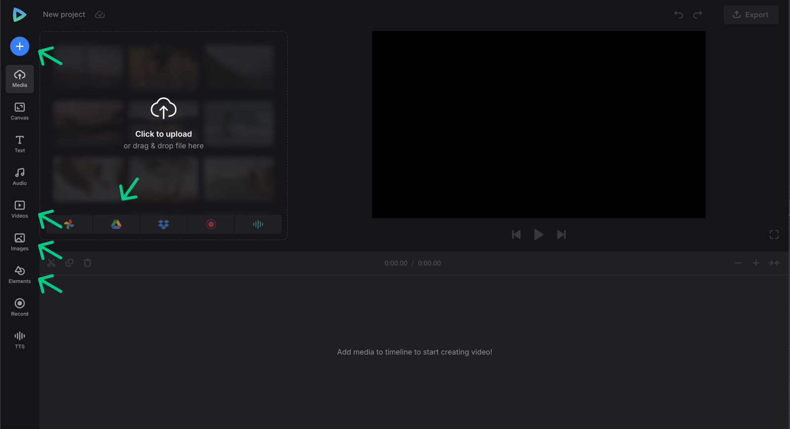 Upload files for video with TTS Add assets to video editor with text to voice generator