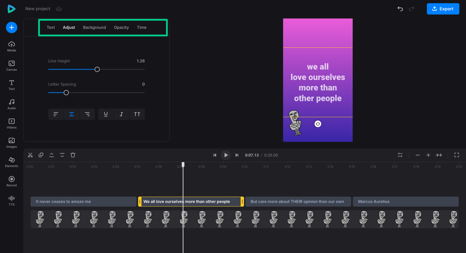Modify the text style or placement in a video Adjust text in text video