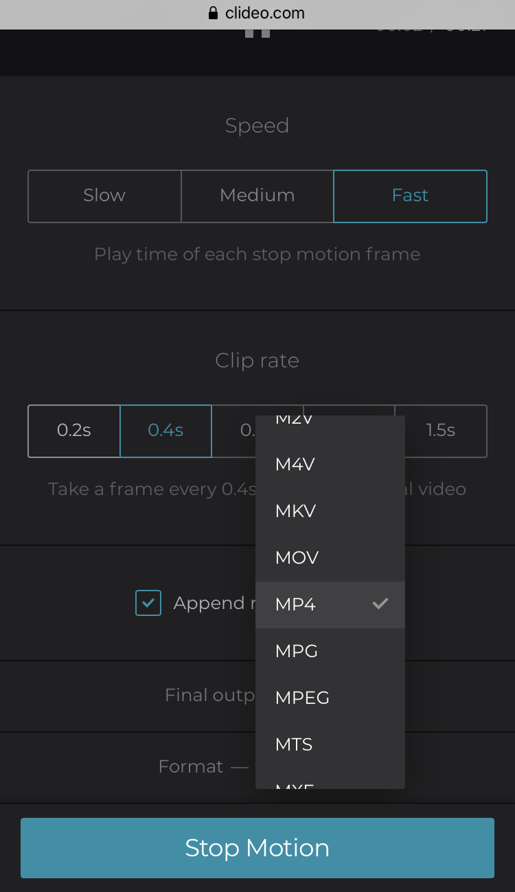 Change format of stop motion video on iPhone