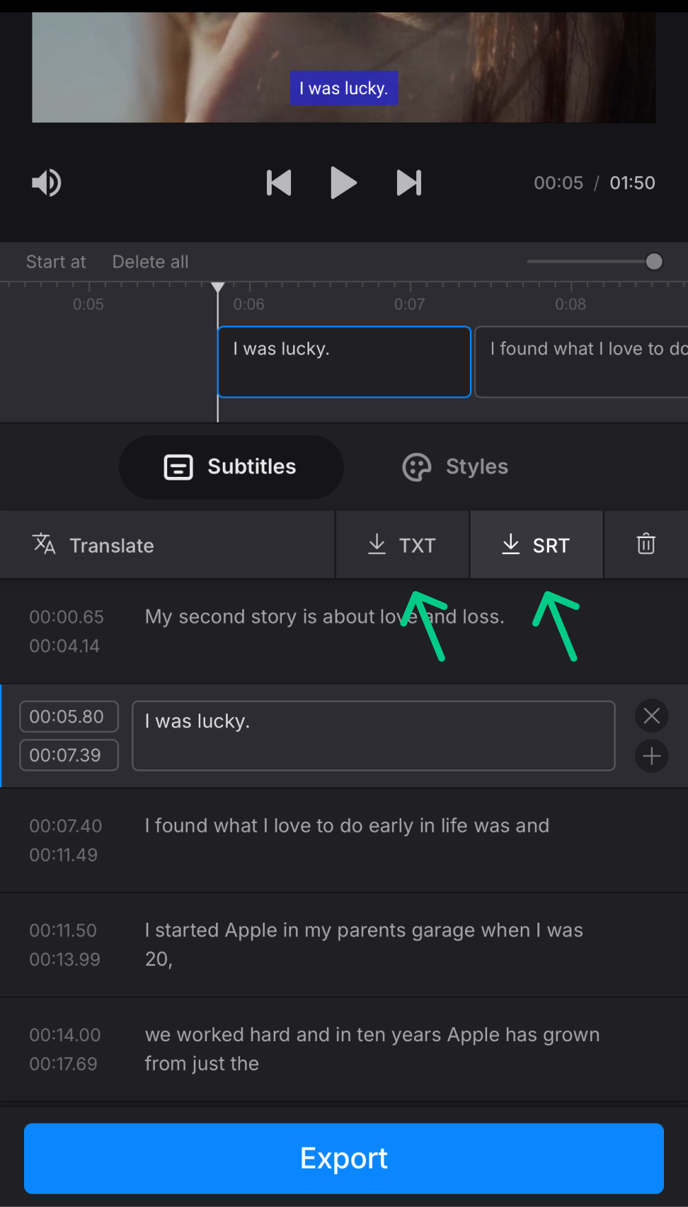 Export video with subtitles on iPhone