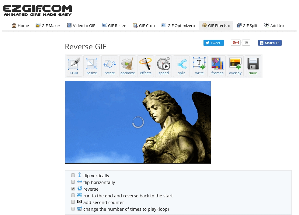 Menu of the Ezgif video reverser app