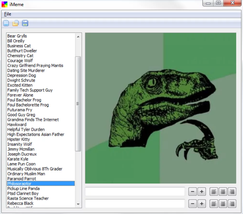Desktop menu of the iMeme meme maker