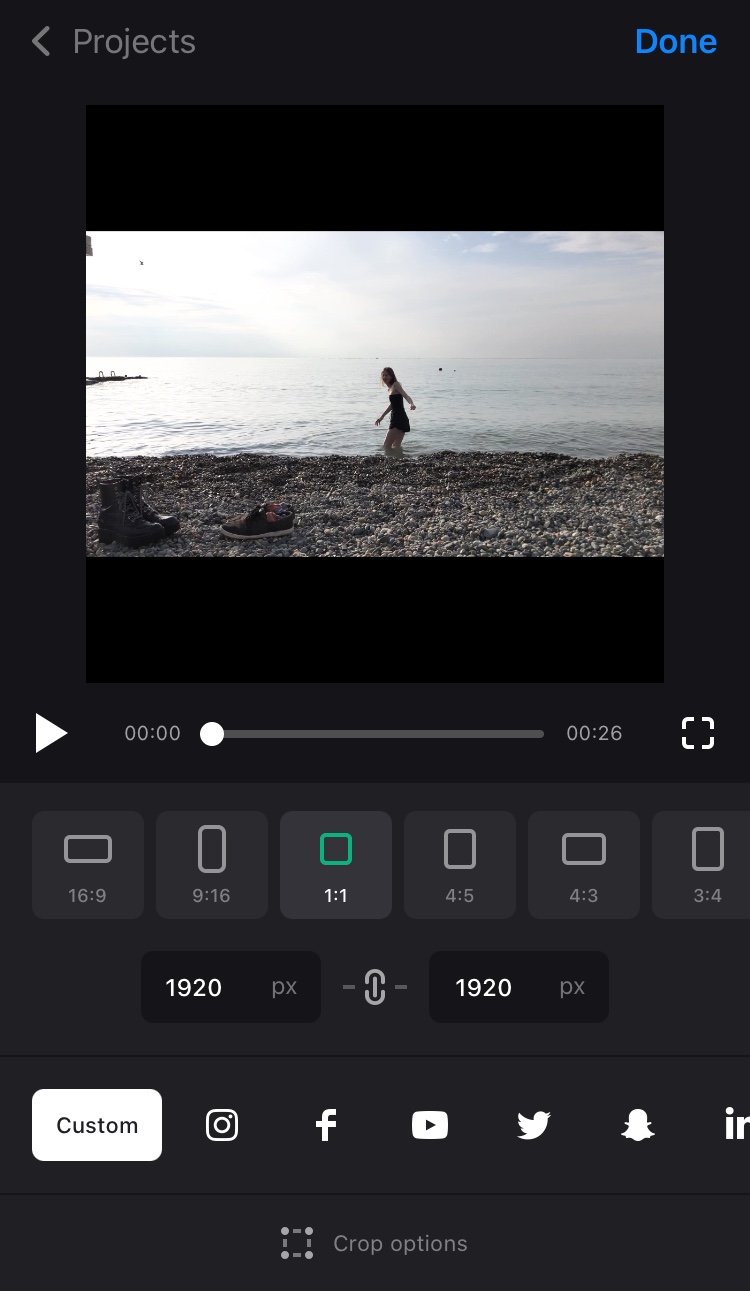 Choose 1:1 in Clideo's square video app