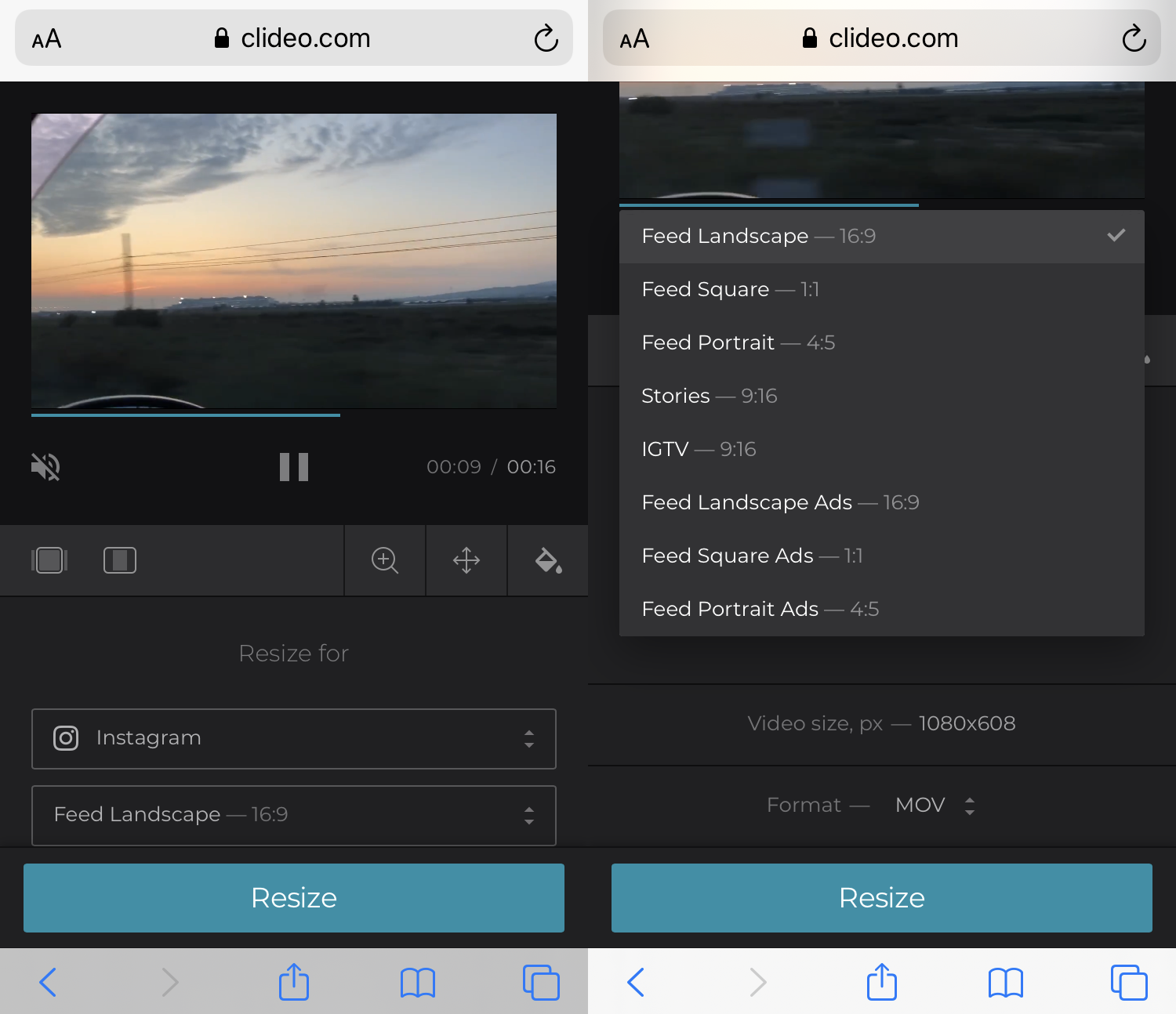 Choose a preset to make the video fit Instagram size