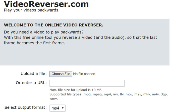Online video reverser interface Simple features of Online video reverser