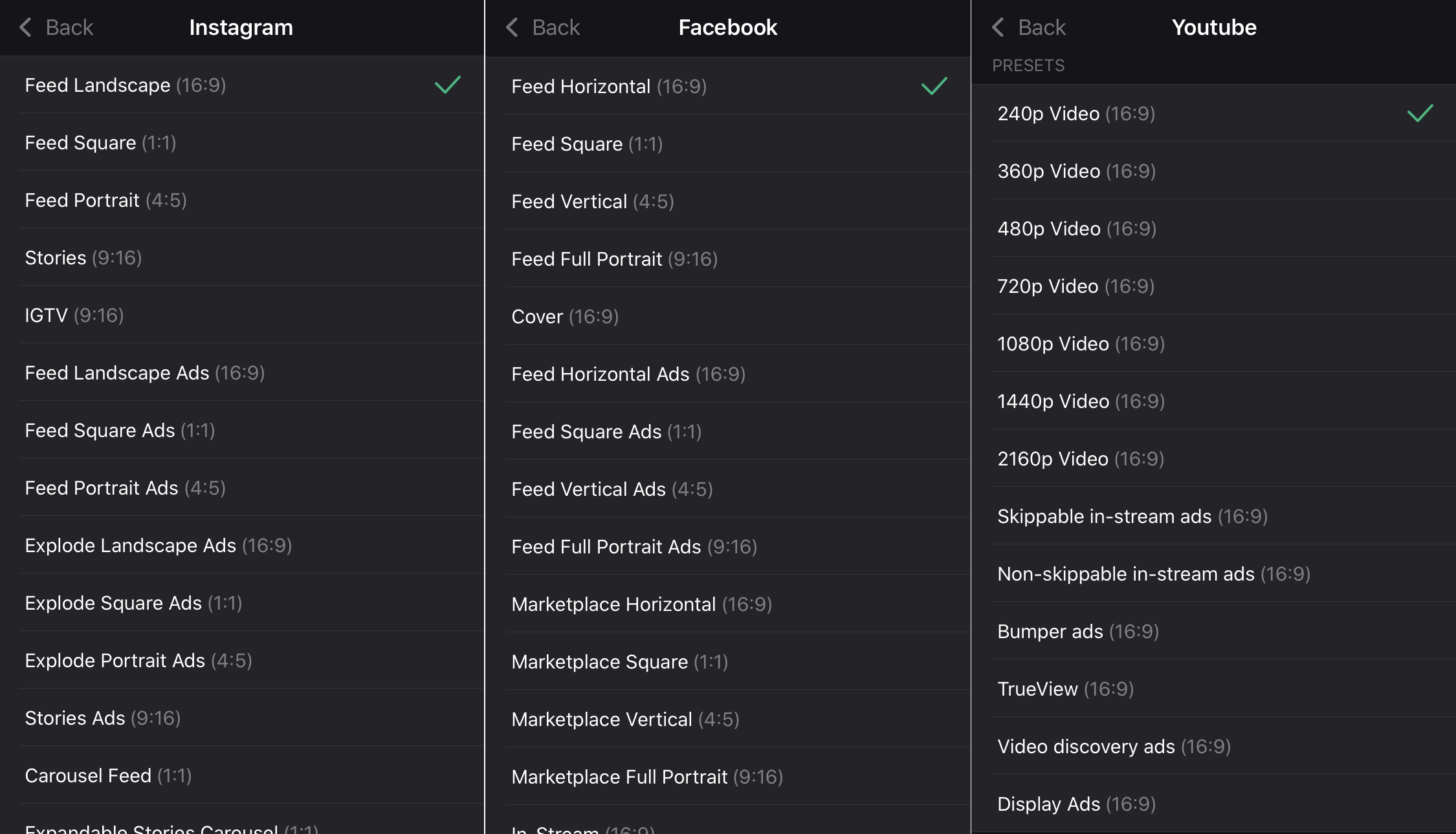 Select preset in Cropping Video App