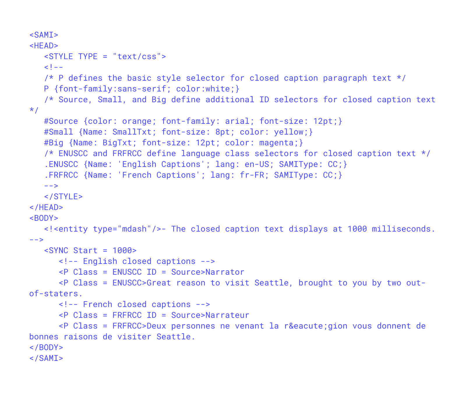 SAMI .smi subtitle file format