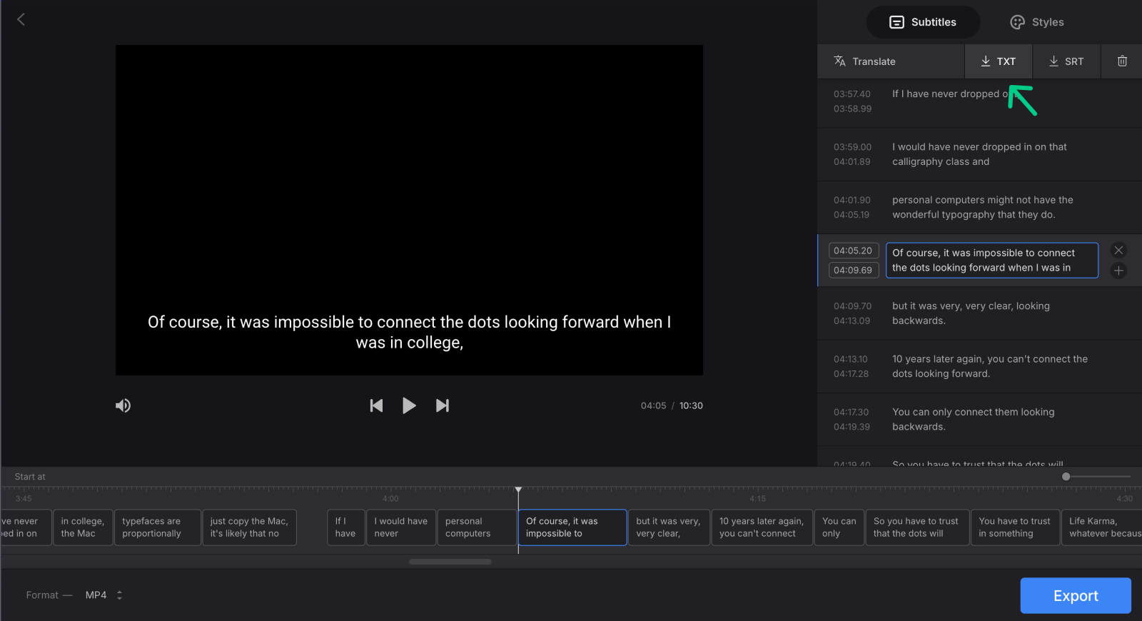 Save audio transcription as txt