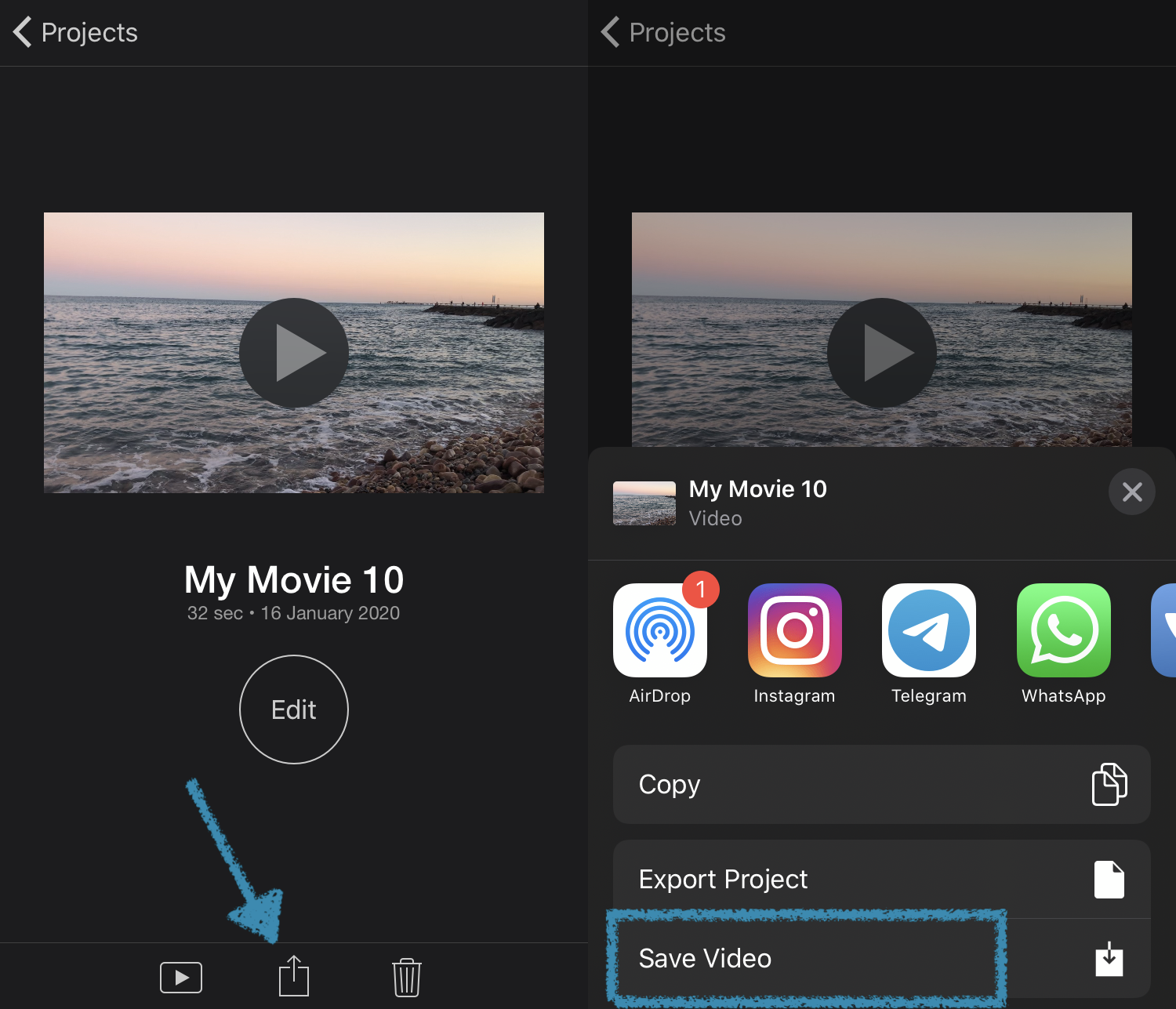Save the muted video from iMovie to iPhone
