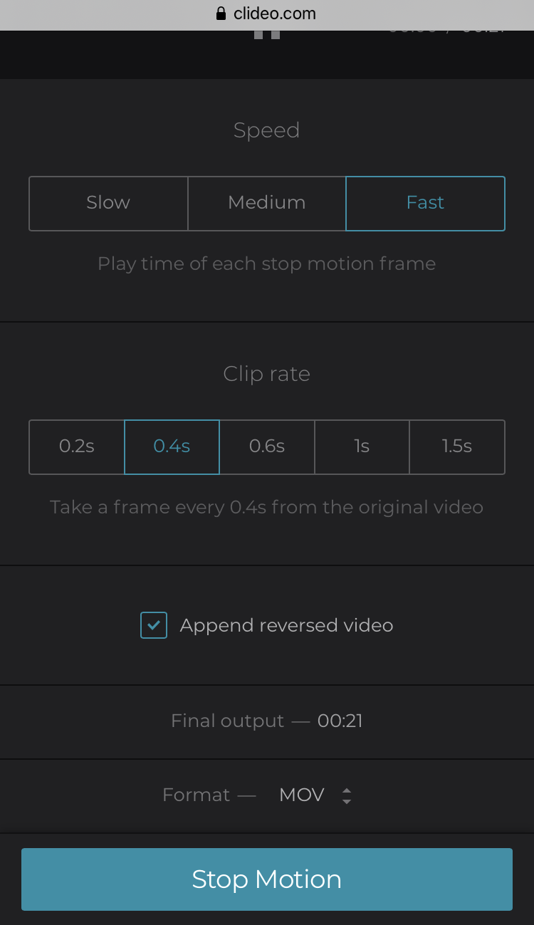 Select clip rate for stop motion video on iPhone