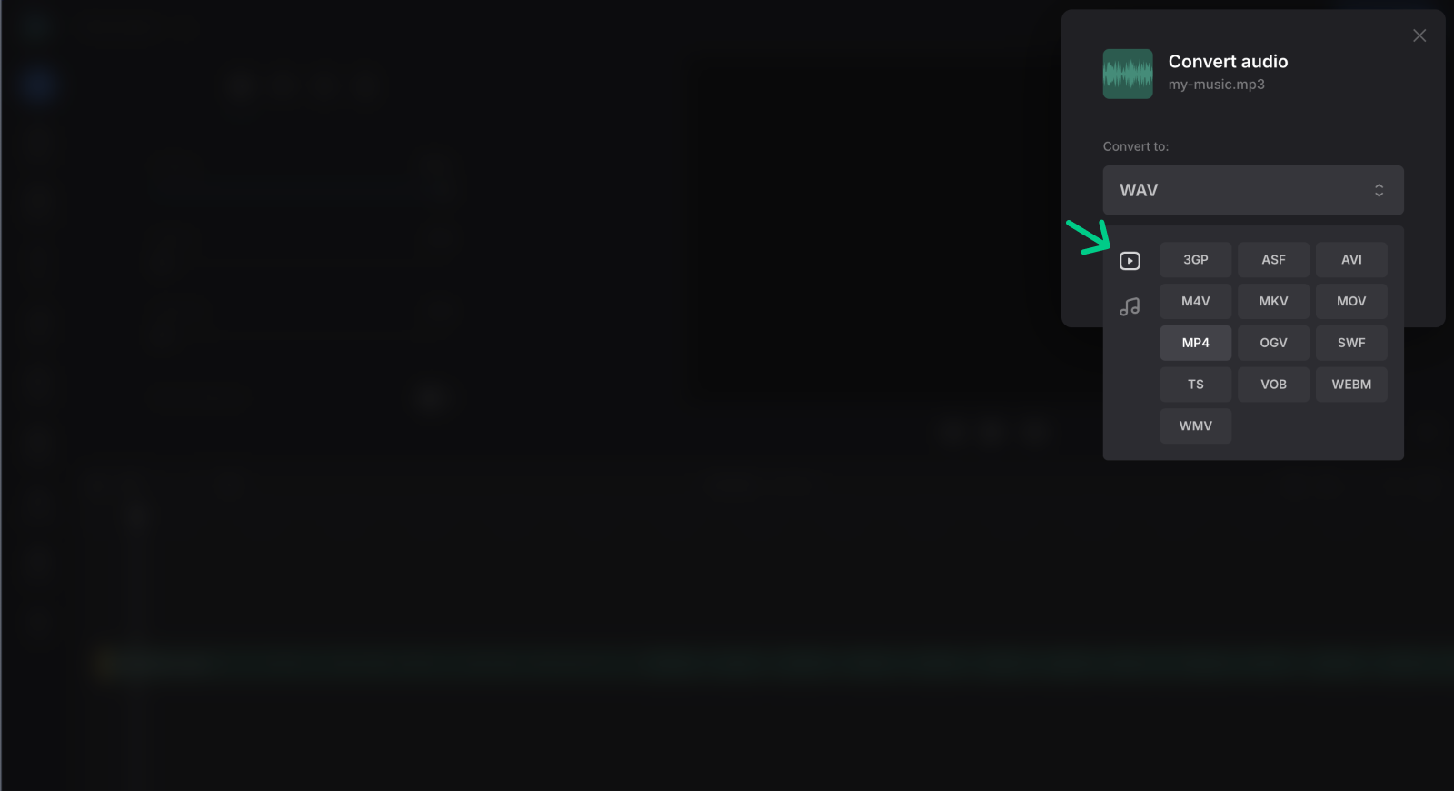 Select format to convert audio to video