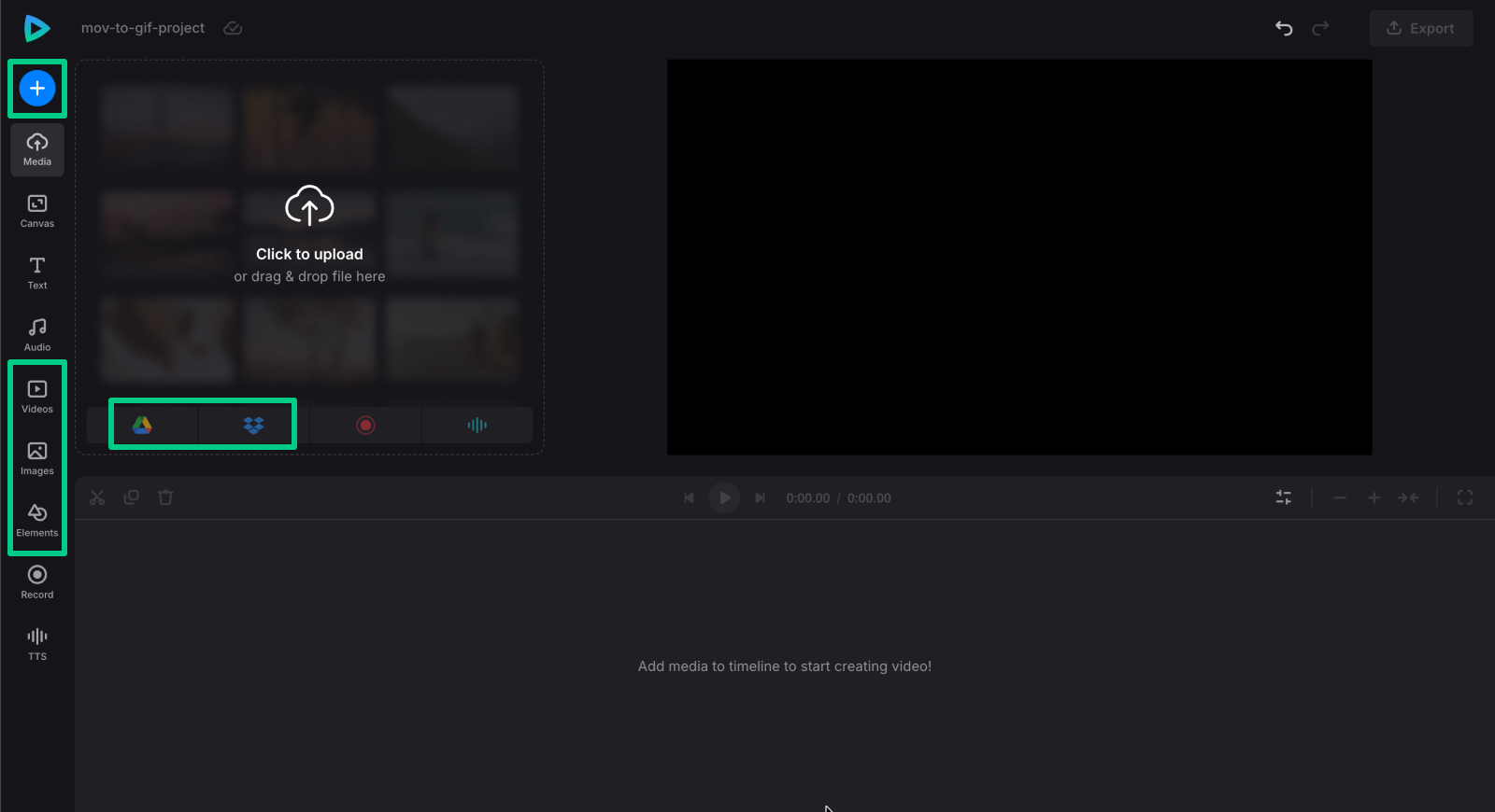 Upload files to Clideo video editor Upload files to convert MOV to GIF