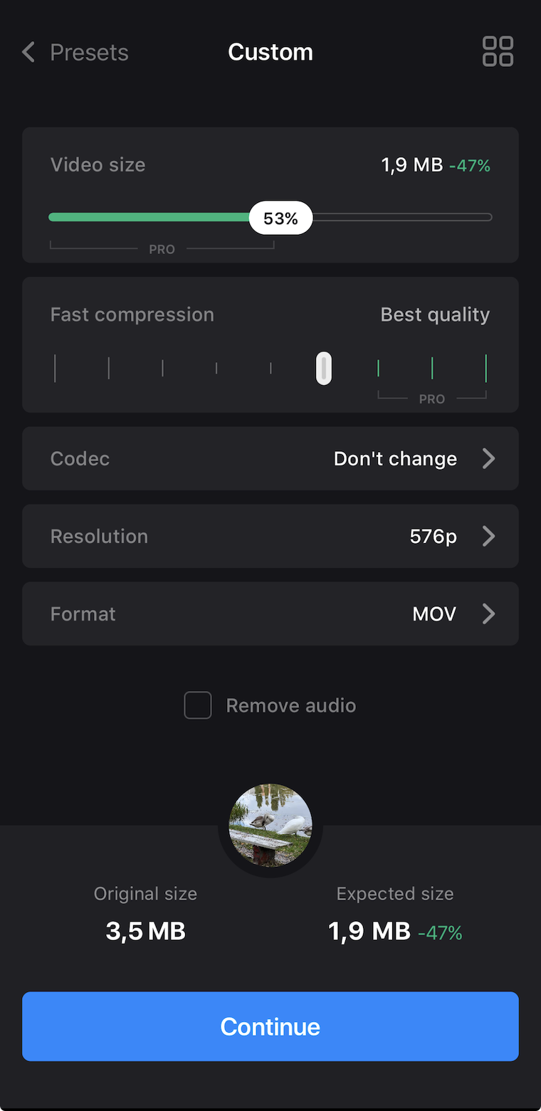 Video Compressor custom settings